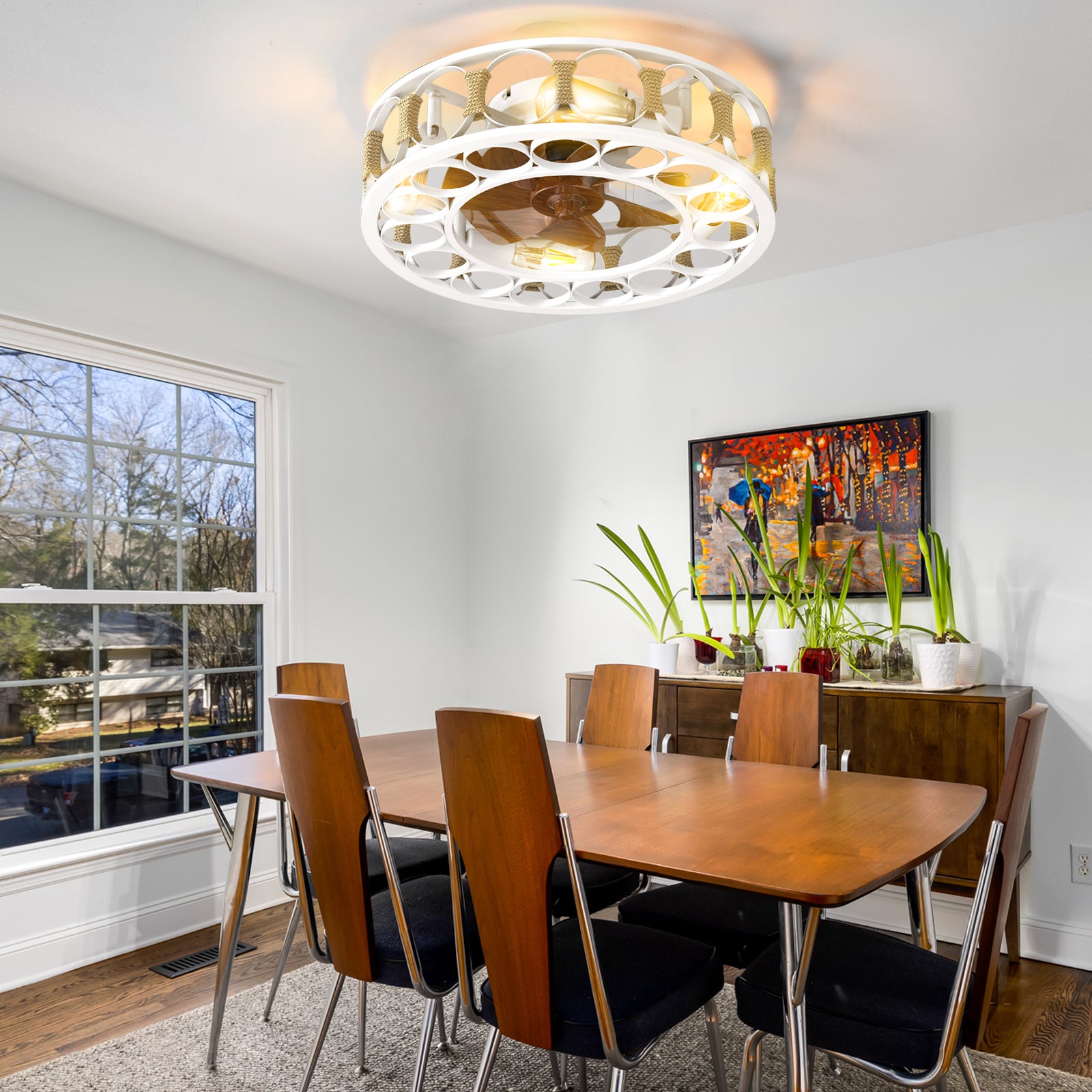 Semi-Embedded 6 Speed Caged Ceiling Fan with Lights and Remote Control