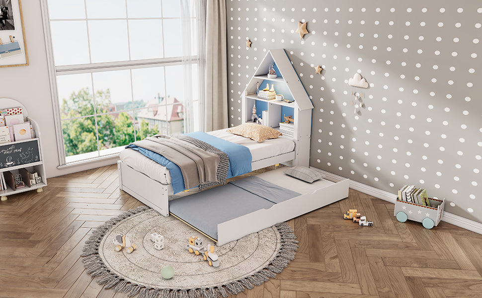 White & Blue Twin Size Bed with Bookcase, Trundle, and Motion-Activated Nightlight