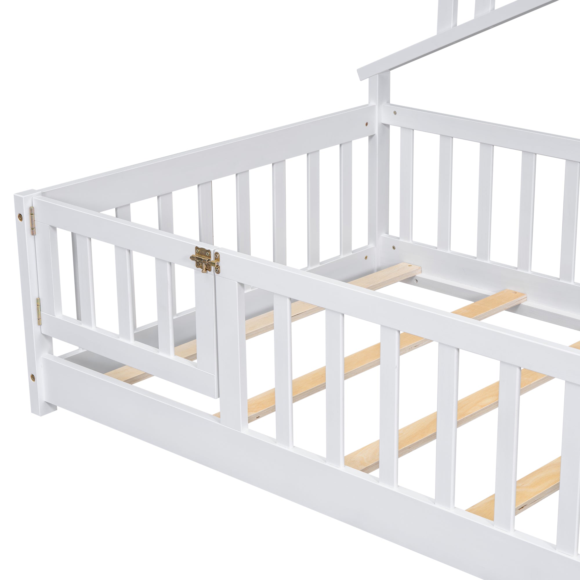 Twin House-Shaped Bedside Toddler Floor Bed with Guardrails, Slats & Door