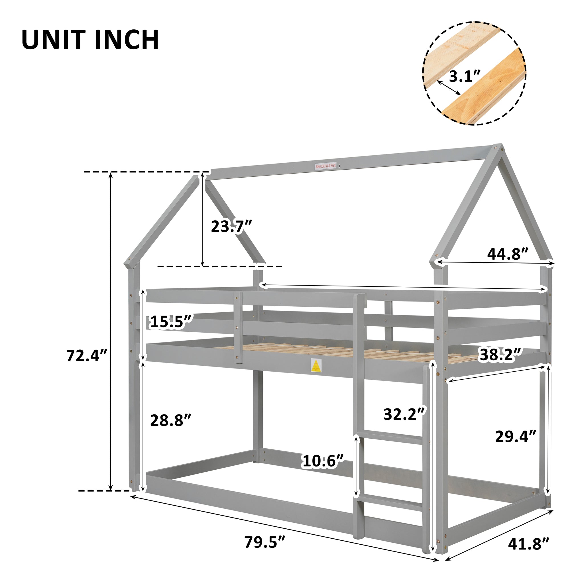 Twin over Twin Bunk Bed with Wood House Roof in Gray