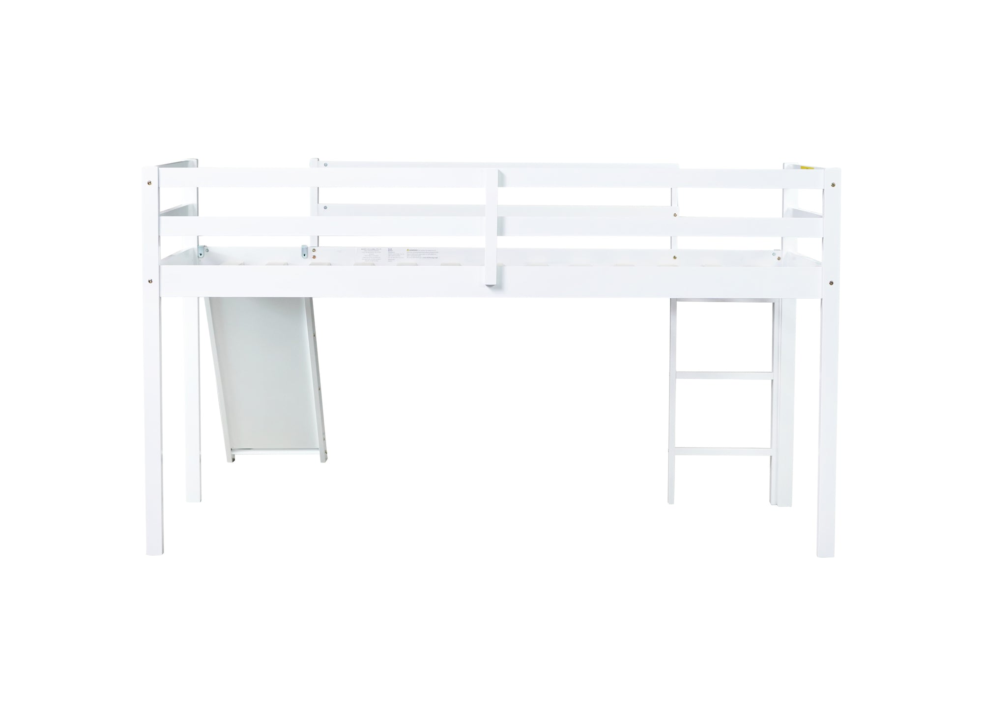 White Twin Low Loft Bed with Slide, Ladder, and Guardrails