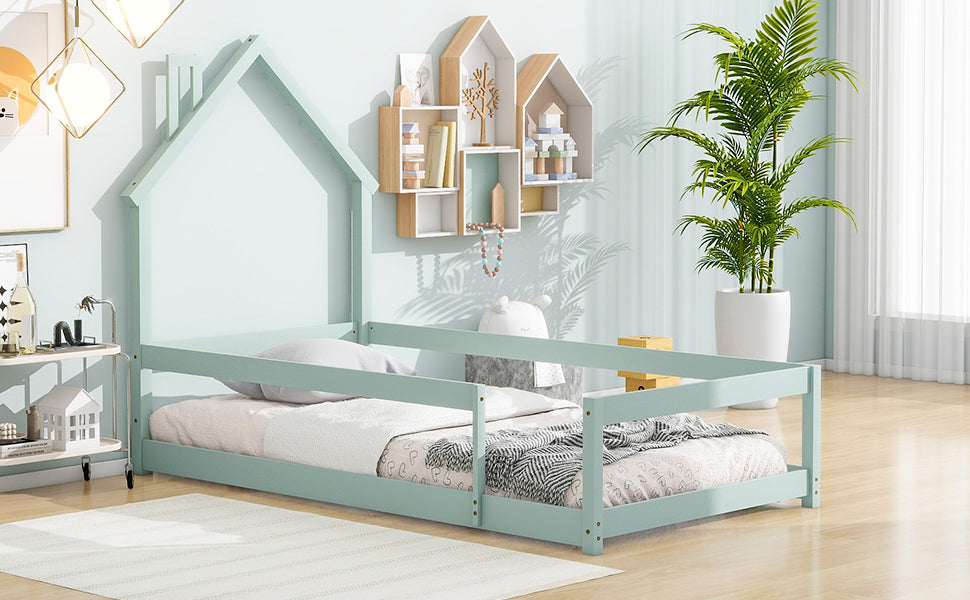 Light Green Twin Size Wood Toddler Floor Bed with House-Shaped Headboard & Guardrails