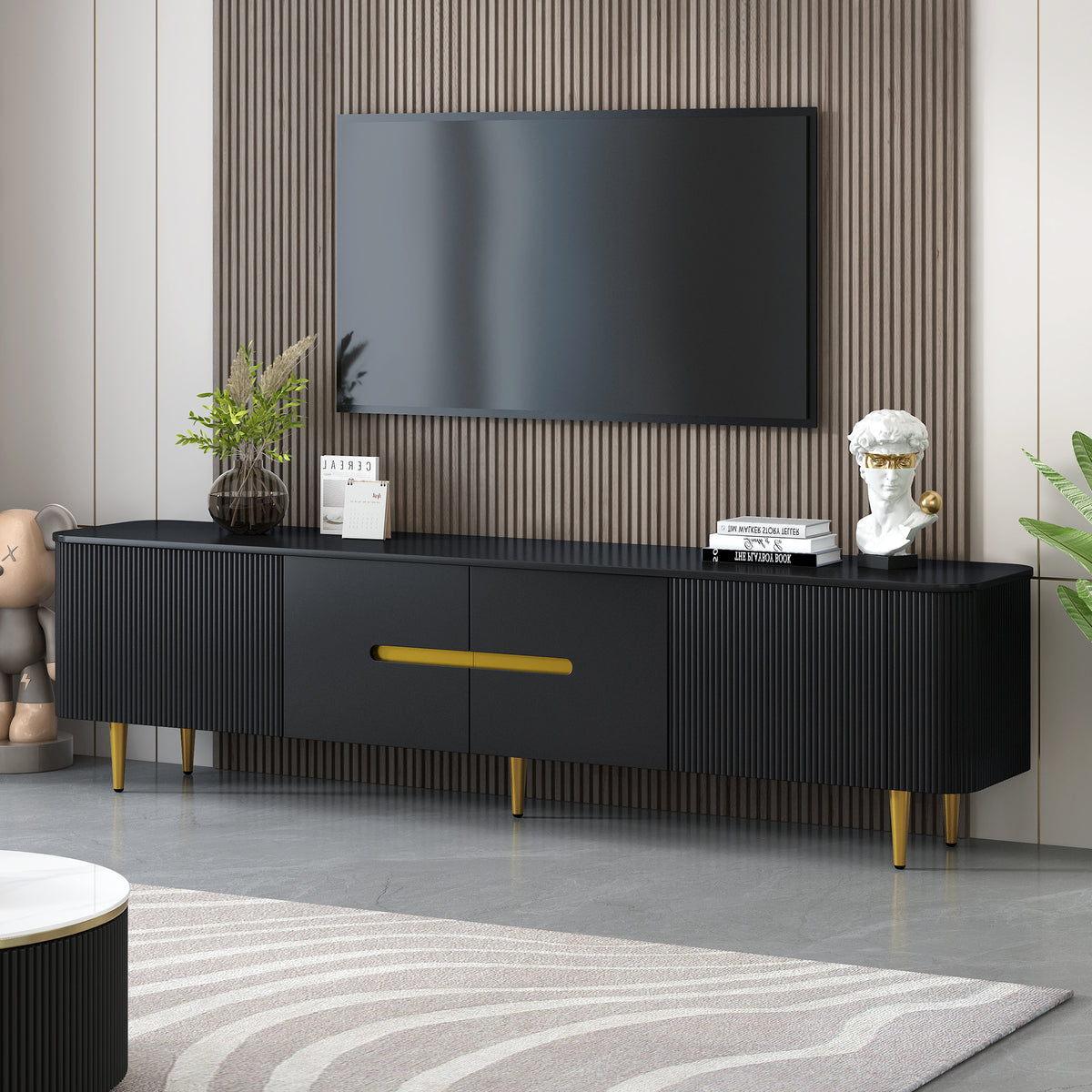 Minimalist TV Stand for TVs Up to 85 Inches with 4 Spacious Cabinets In Black