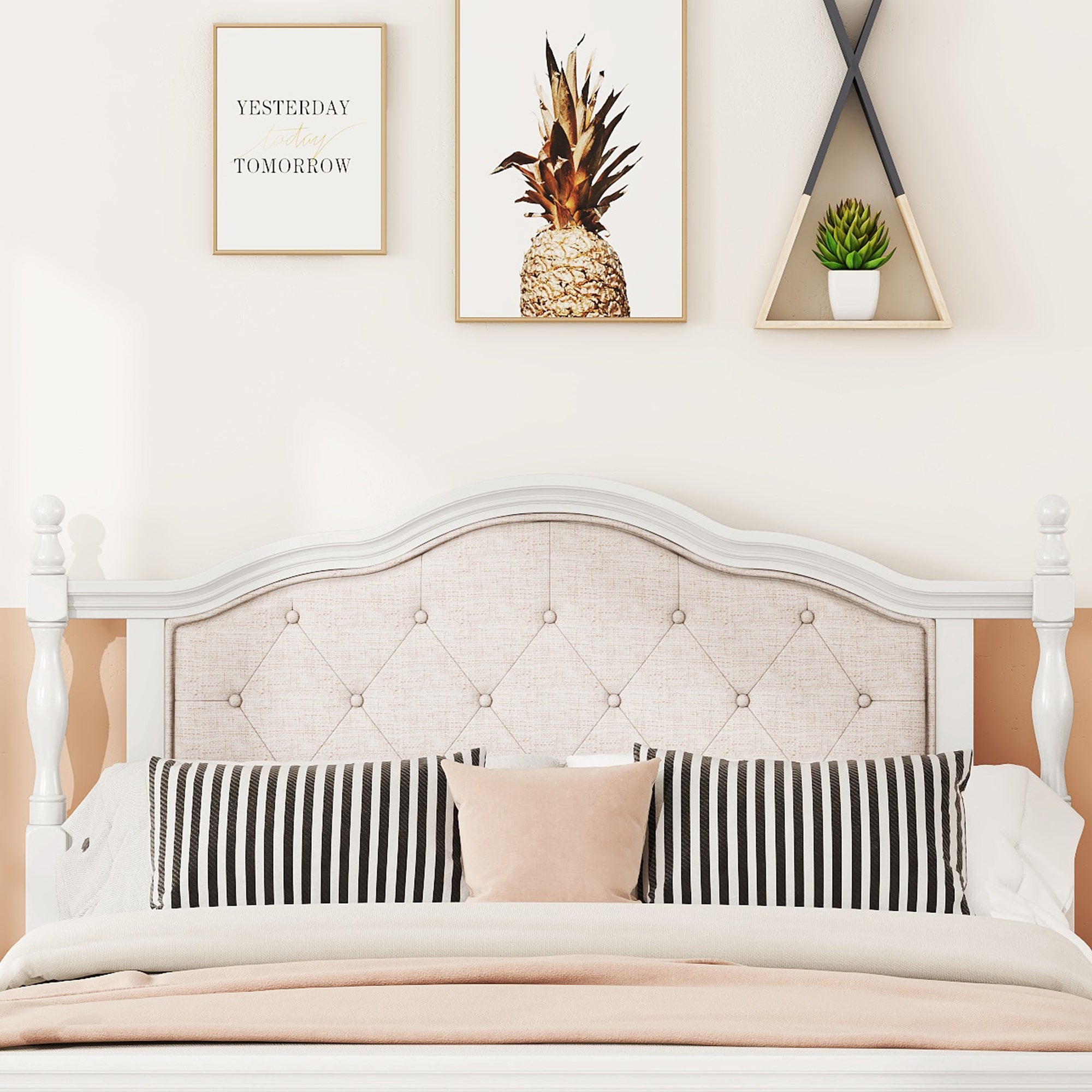 Queen Pine Wooden Bed with Upholstered Headboard and Panel Footboard In White