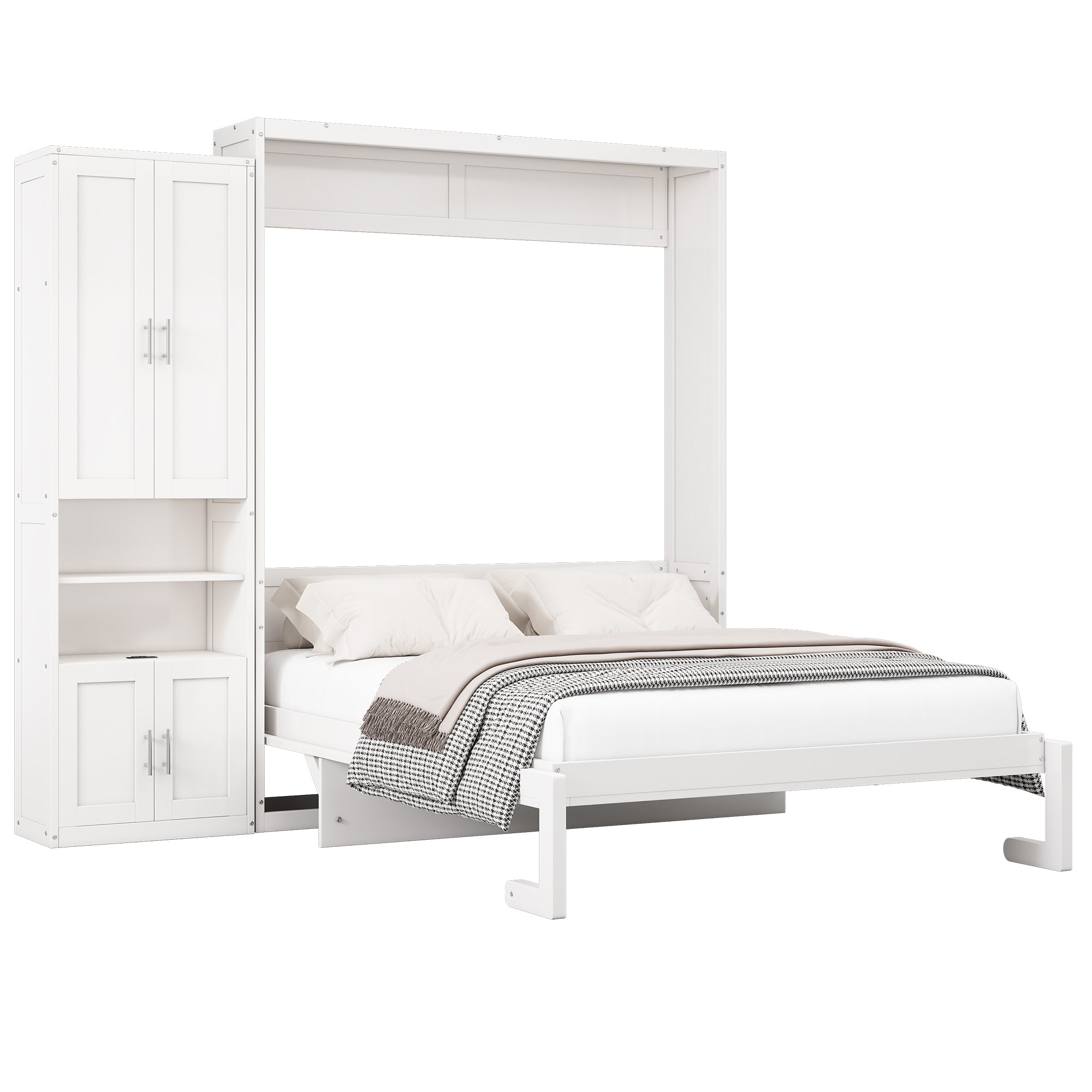 Queen Folding Murphy Bed with Two Side Cabinets in White