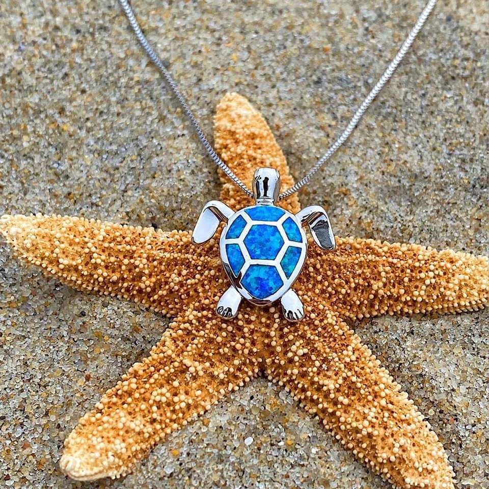 Bohemian Opal Sea Turtle Necklace and Earrings Set in Silver
