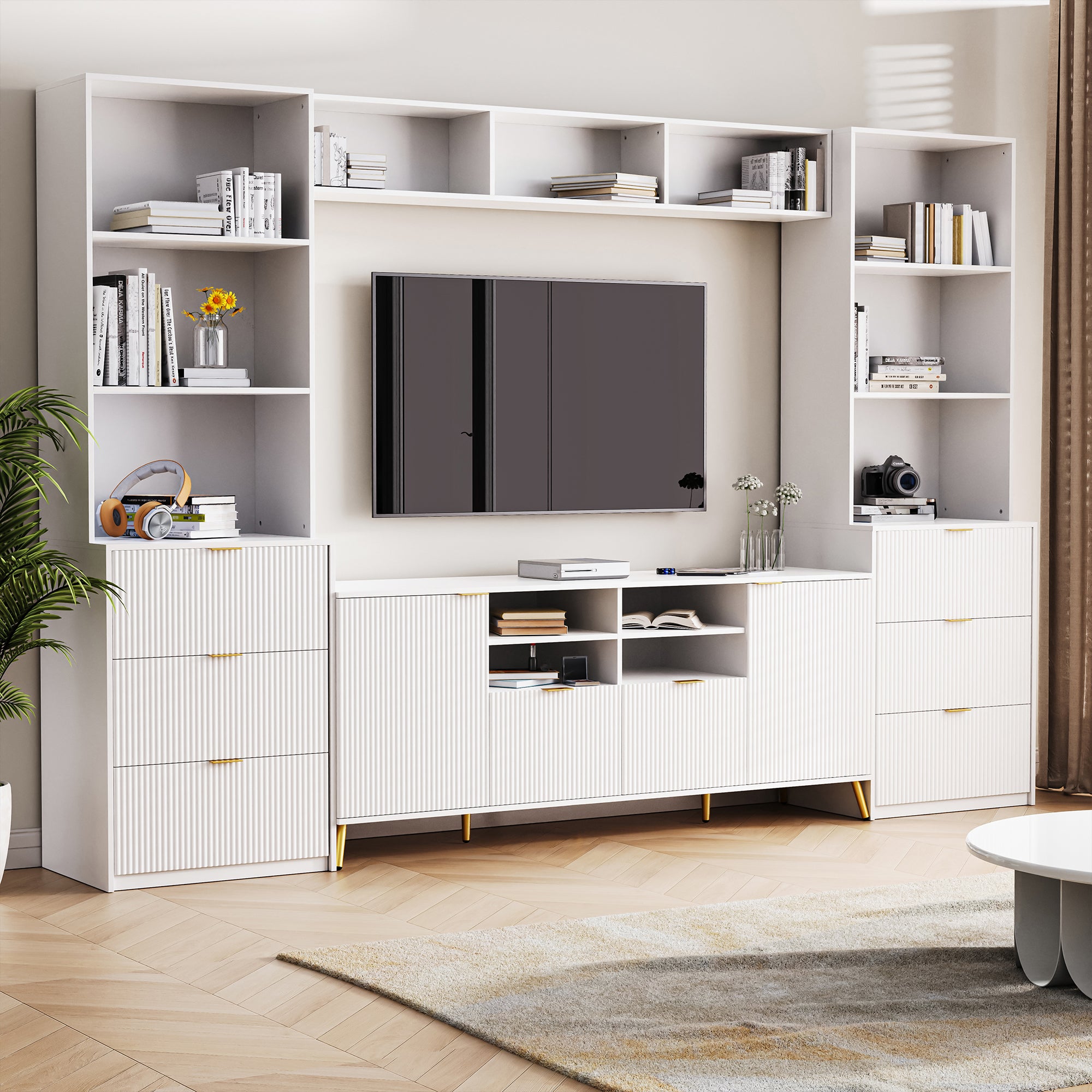 Multifunctional 4-Piece Entertainment Wall Unit with 13 Shelves 8 Drawers and 2 Cabinets Stylish Fluted Design for TVs Up to 70 In White