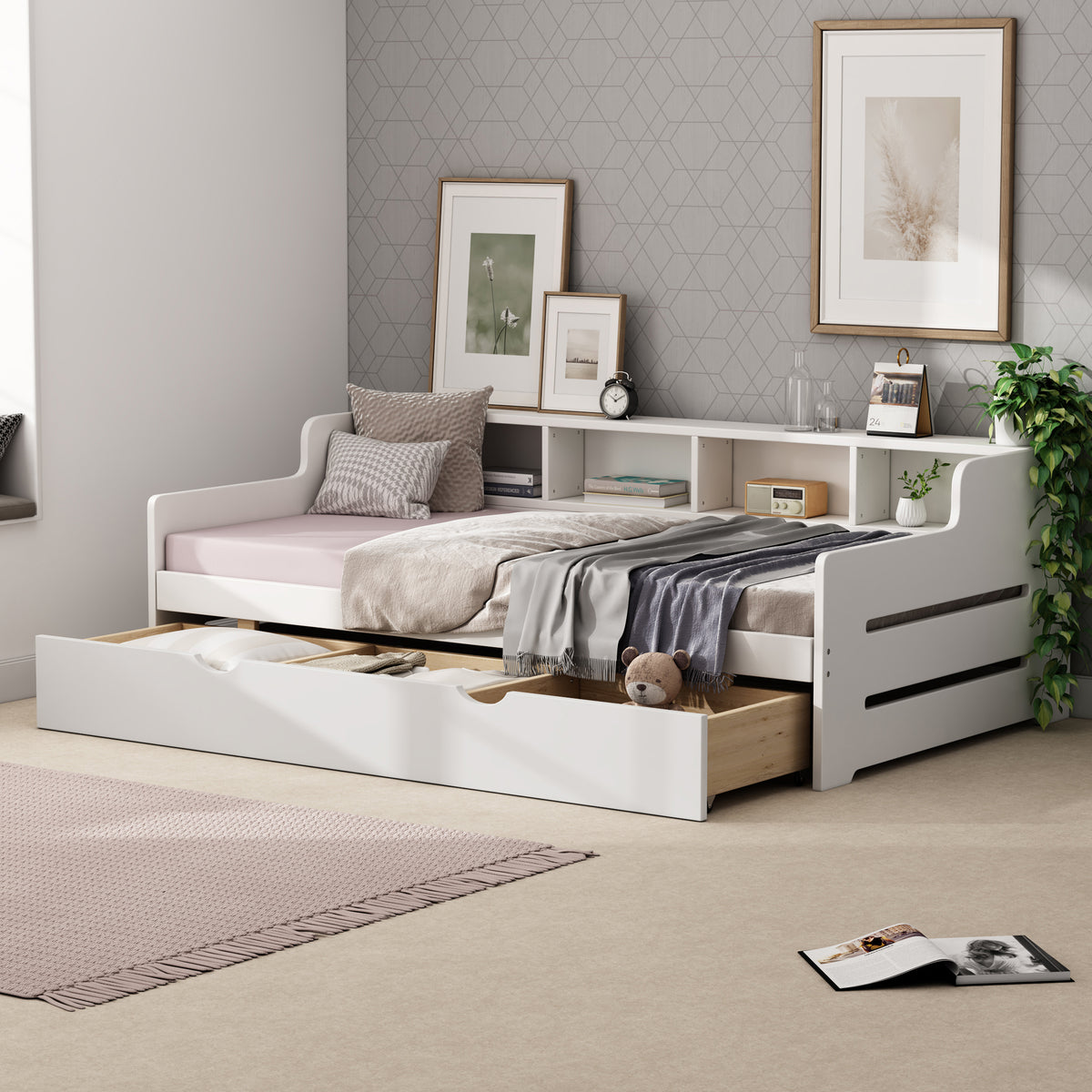 White Twin Daybed with Trundle and Storage Shelves