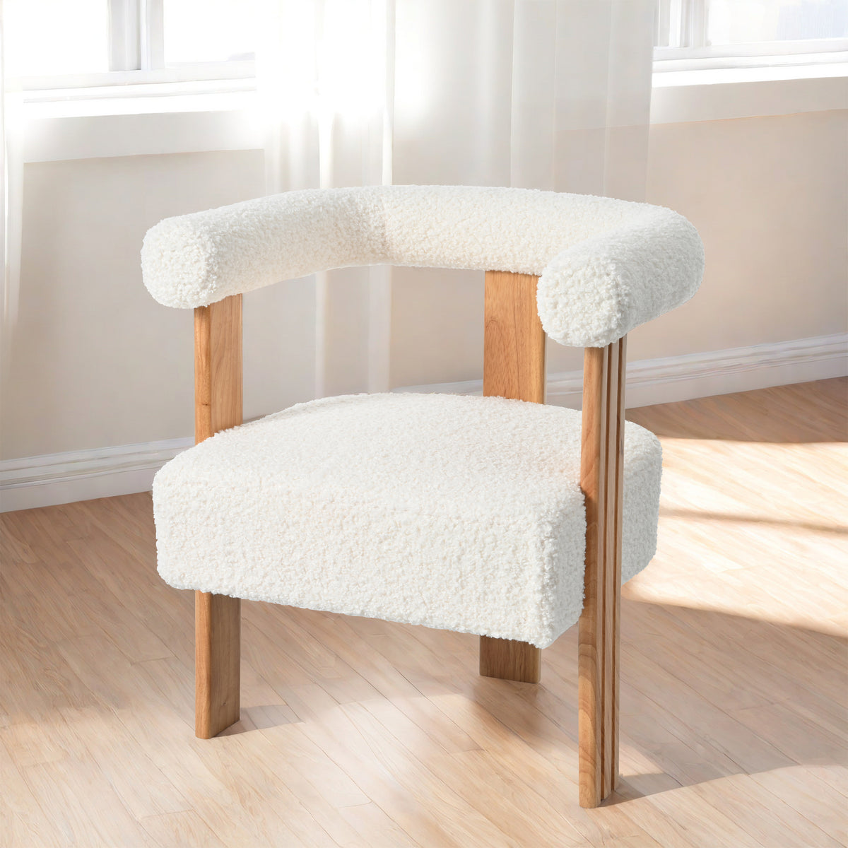 Mid-Century Modern Barrel Accent Chair In White Teddy