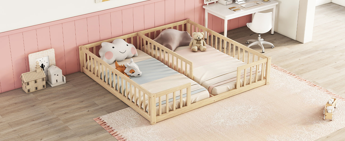 Double Twin Toddler Floor Bed with Fence and Guardrails in Natural Tones