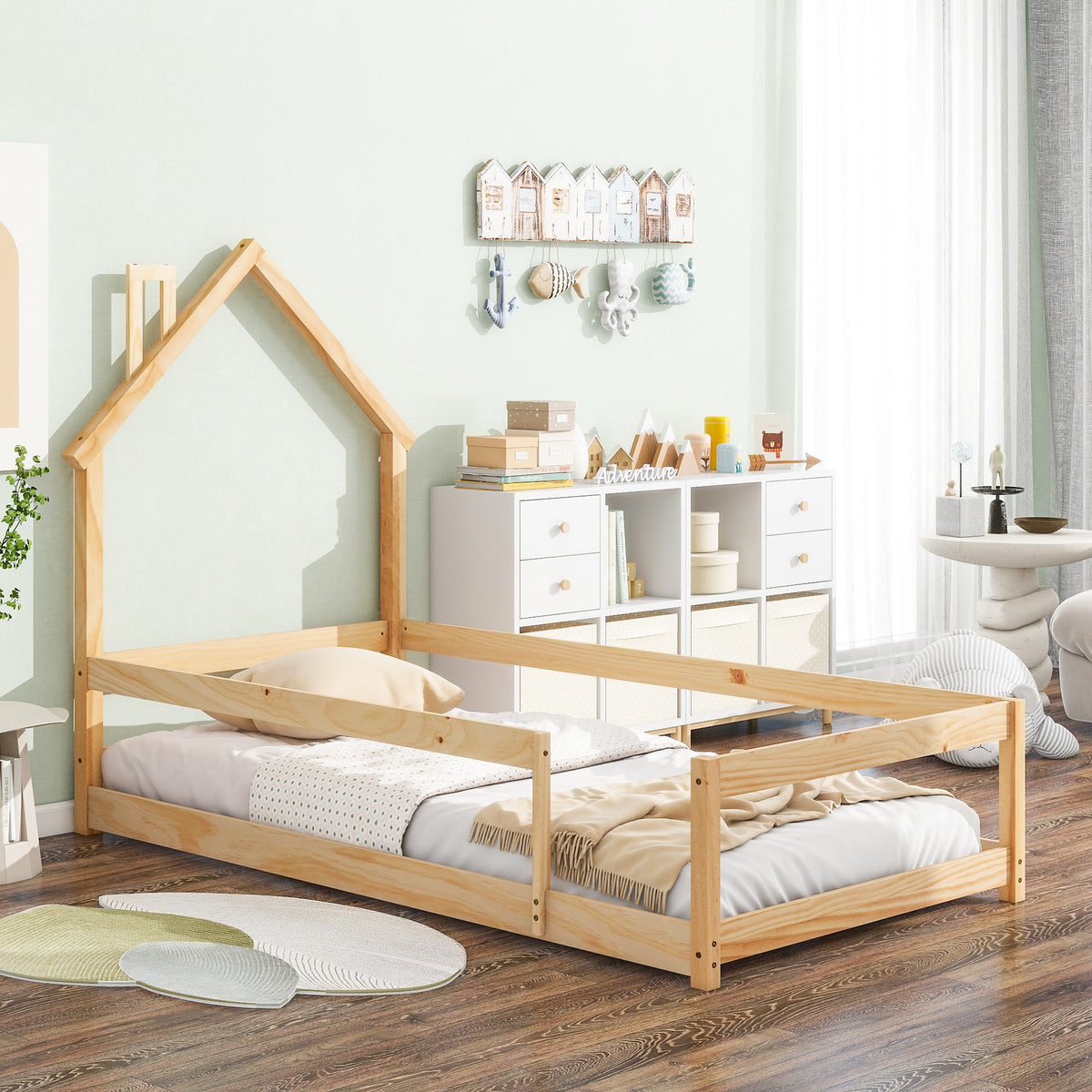 Natural Tone Twin Size Wood Toddler Floor Bed with House-Shaped Headboard &amp; Fences