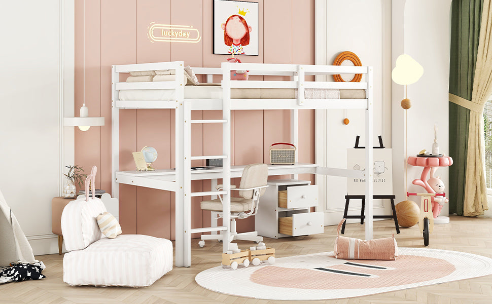 White Twin Loft Bed with Built-in Desk, Storage Cabinet, Guardrails & Ladder