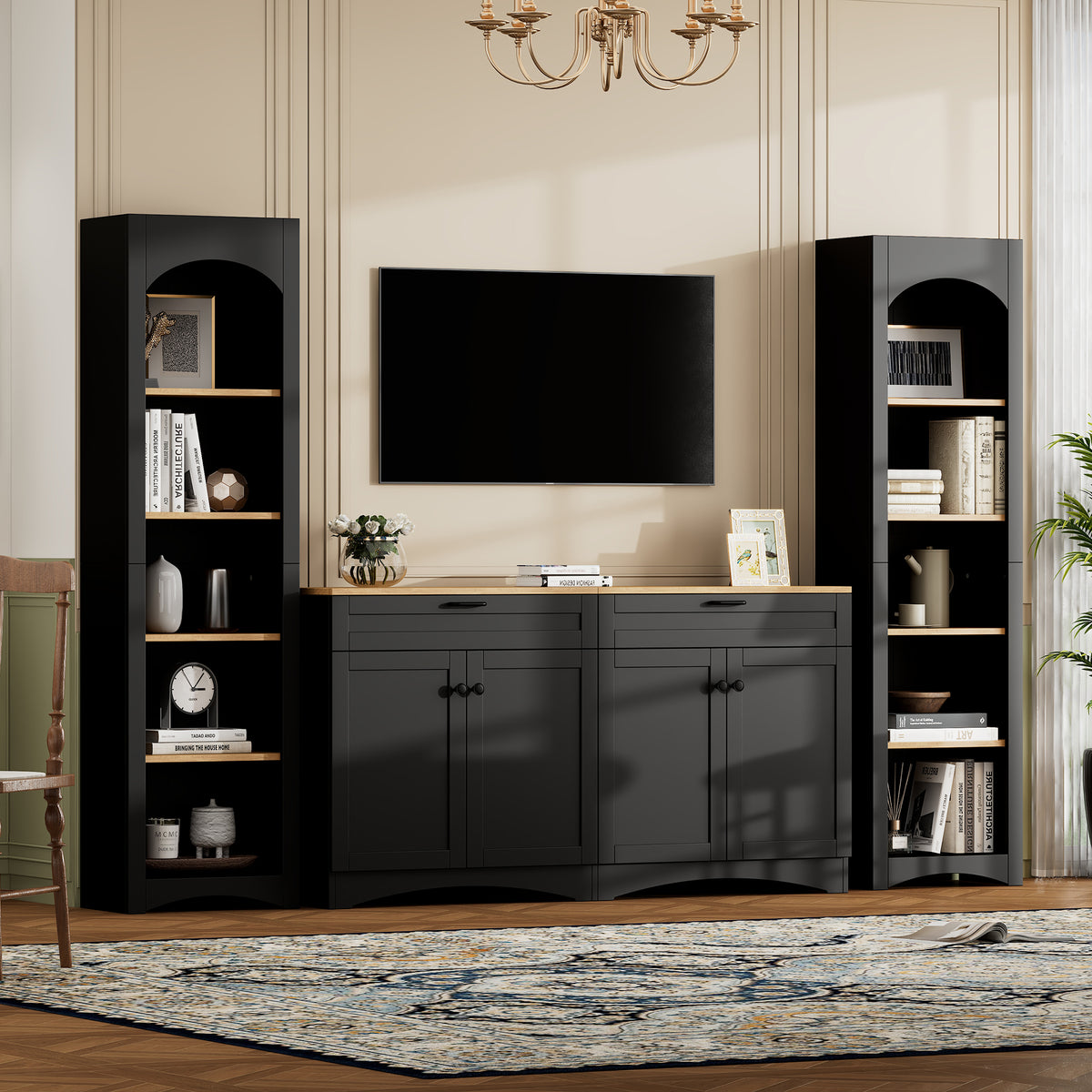 3-Piece Farmhouse Entertainment Center with Storage Cabinet for TVs Up to 70 Inch, Rustic Sideboard with Adjustable Shelves In Black