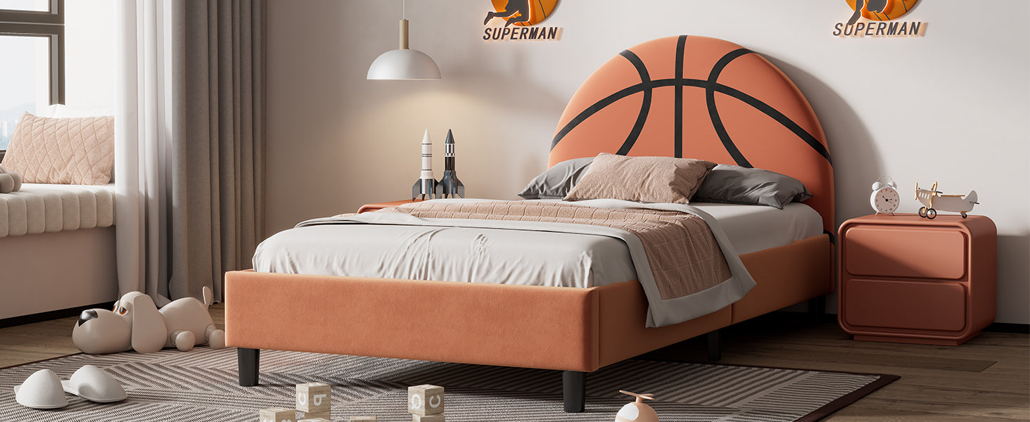 Twin Size Basketball-Themed Velvet Upholstered Bed