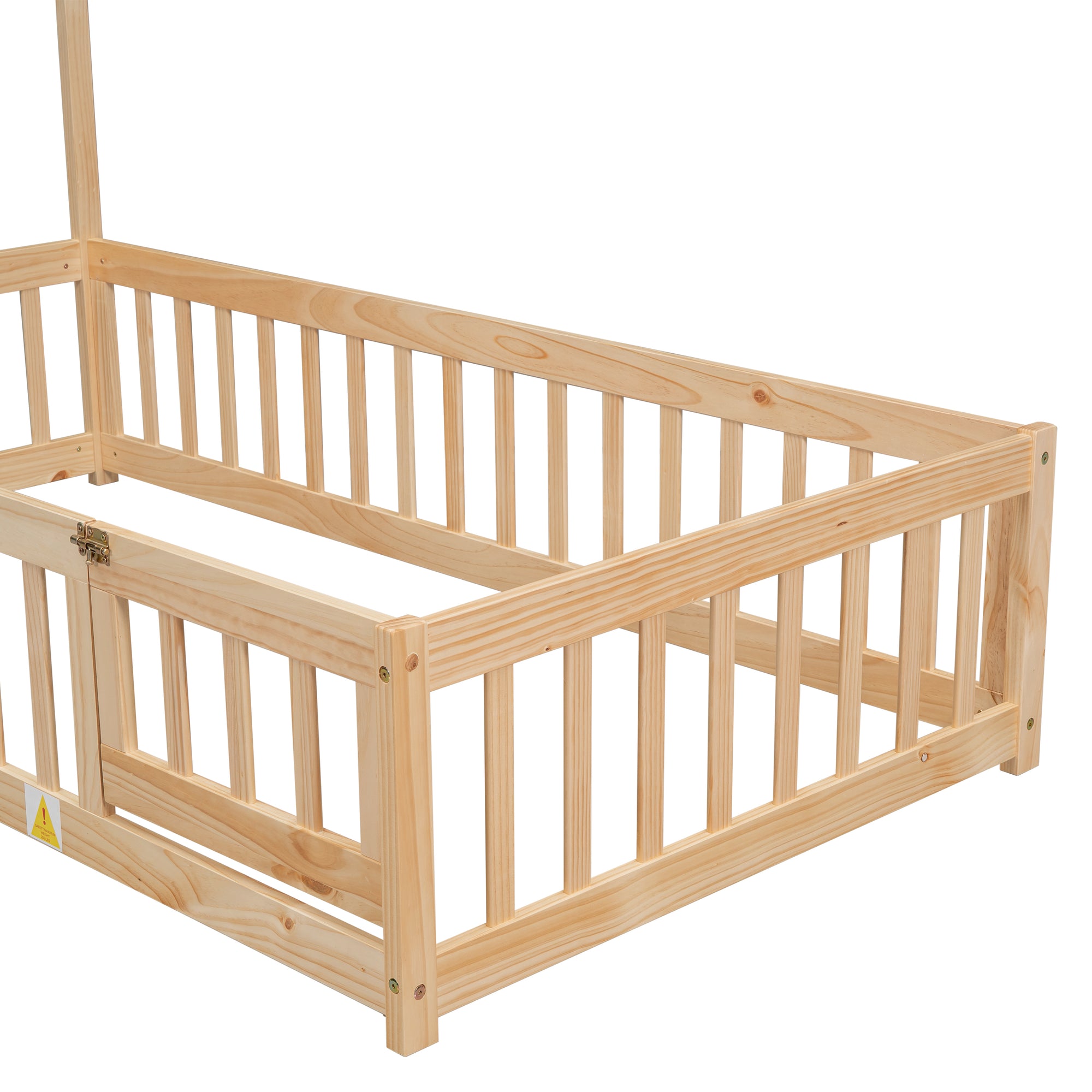 Natural Twin House-Shaped Headboard Toddler Floor Bed with Fence