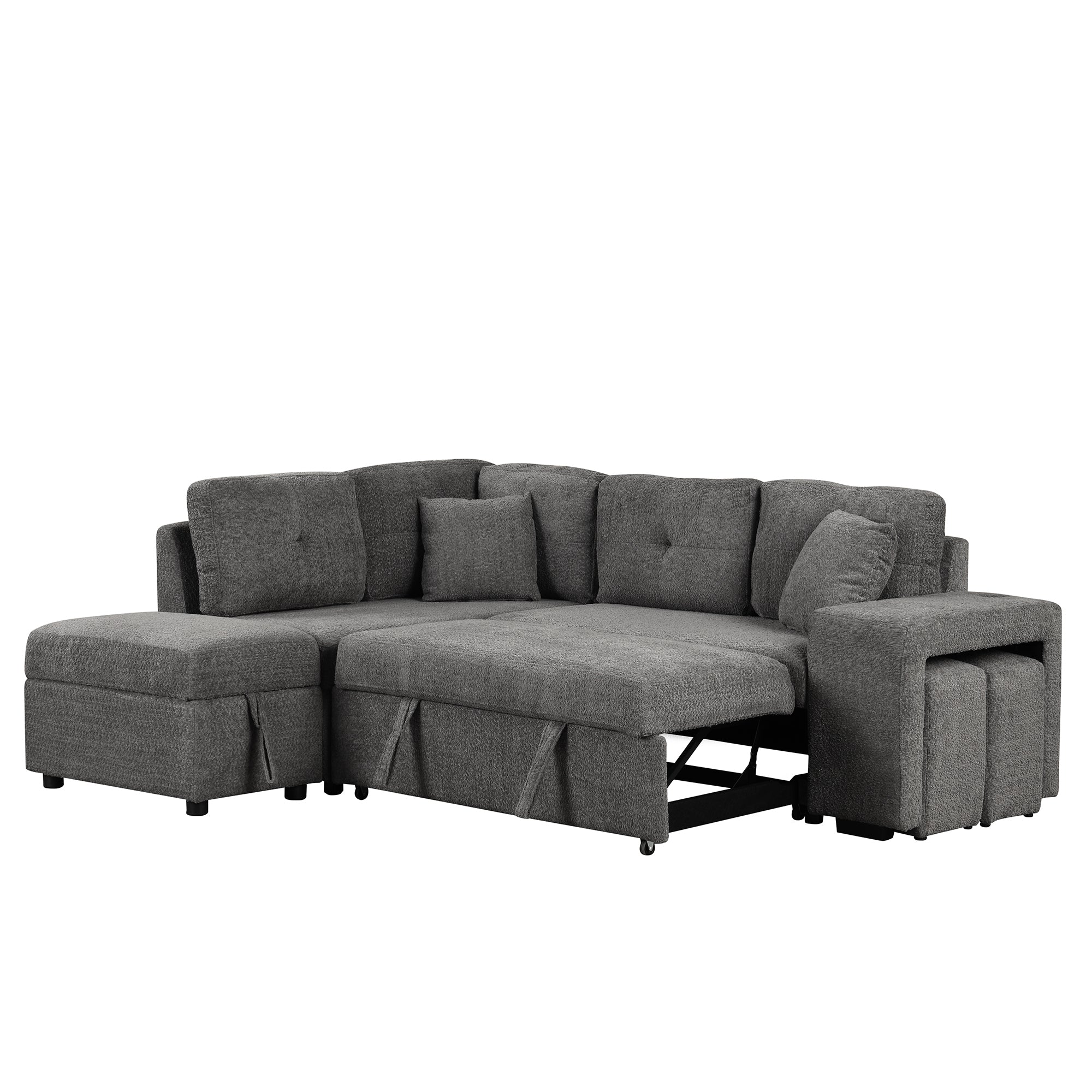 Dark Gray Chenille Pull-Out Sofa Bed with Storage Ottomans and Wireless Charger