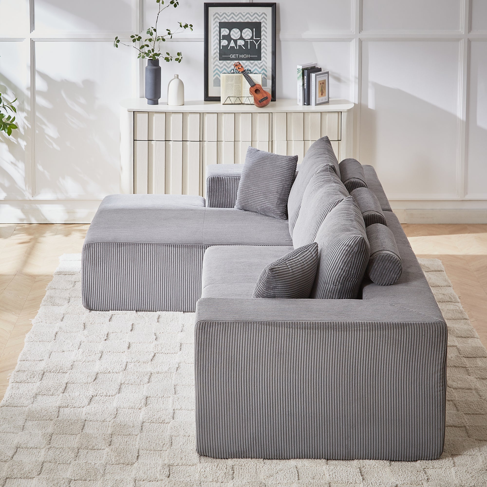 3-Seater Modular Corduroy Sofa In Gray Flexible Configuration