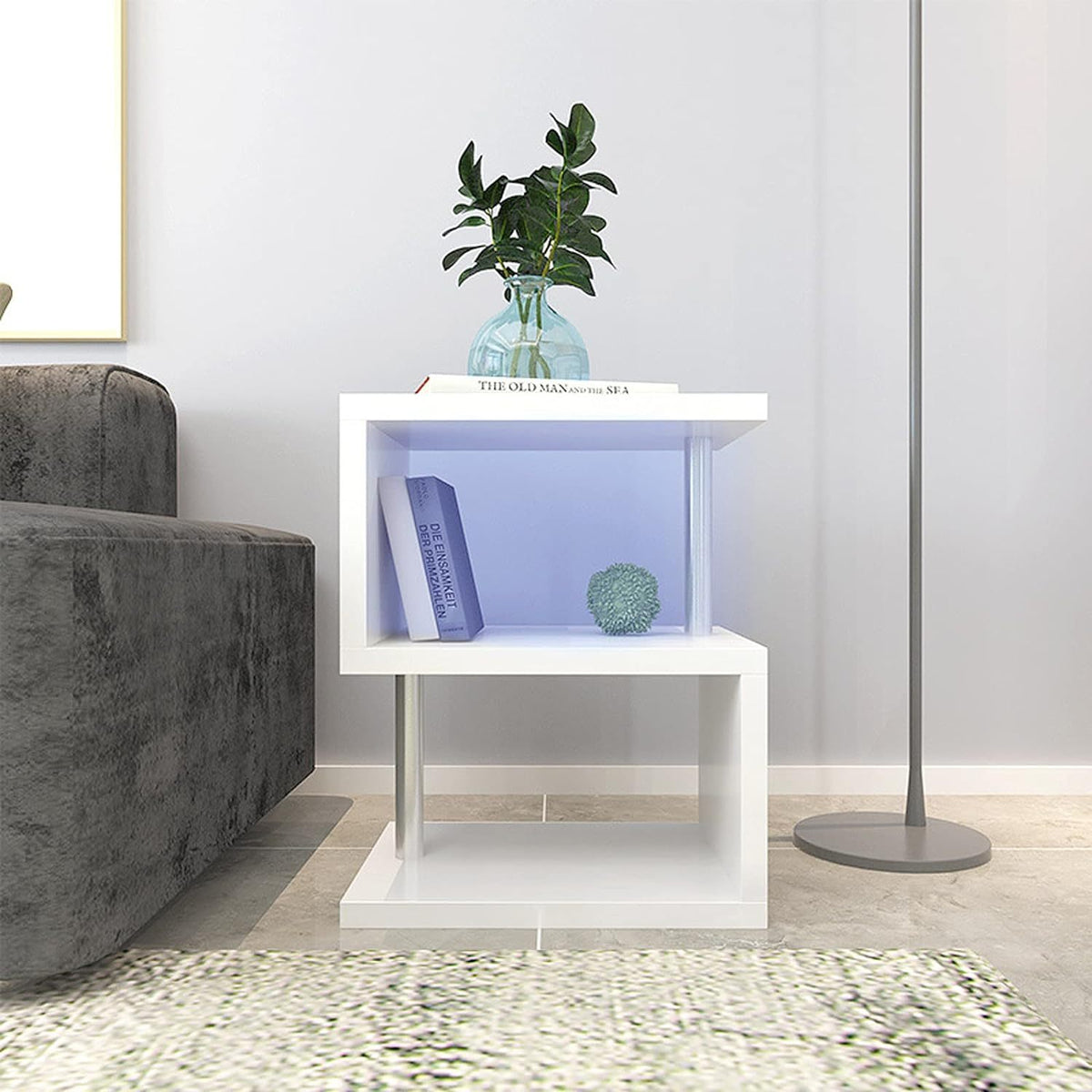 3 Tier S-Shaped End Table With USB Power Supply And Open Storage In White