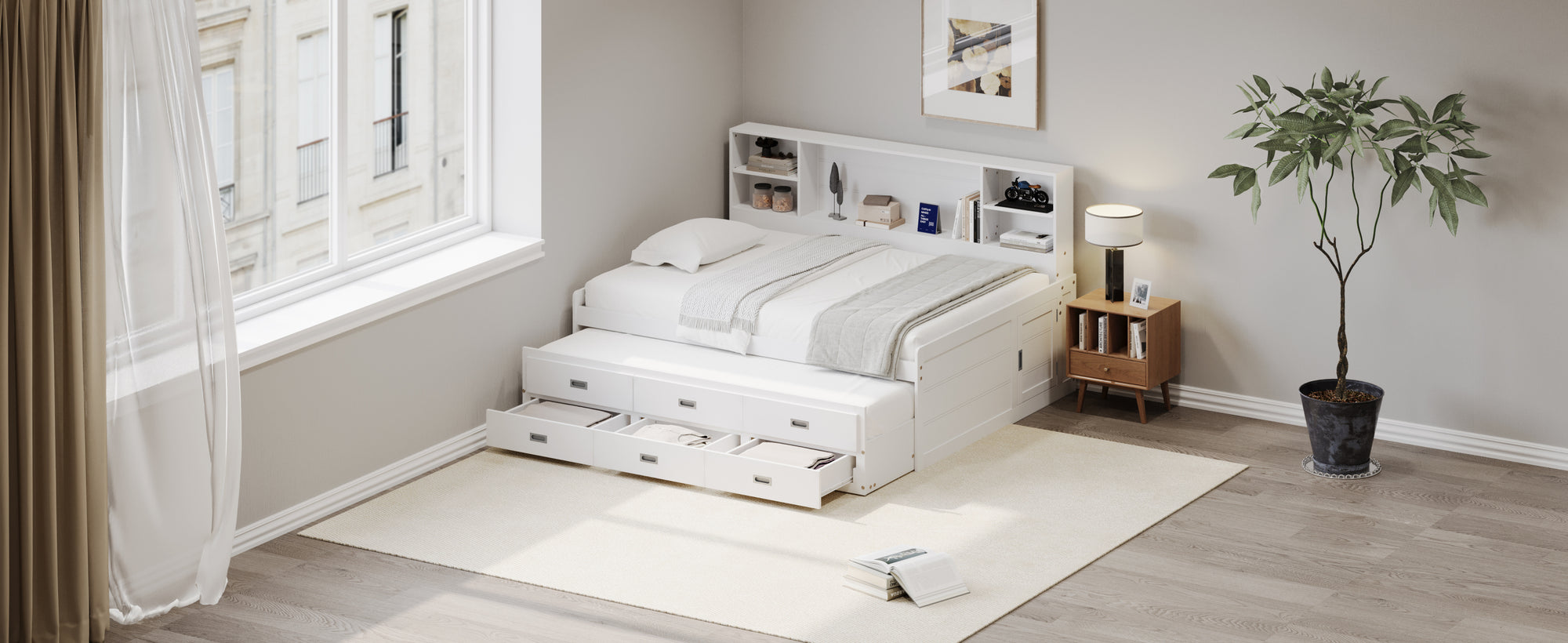 Twin Daybed with Trundle & Storage In White