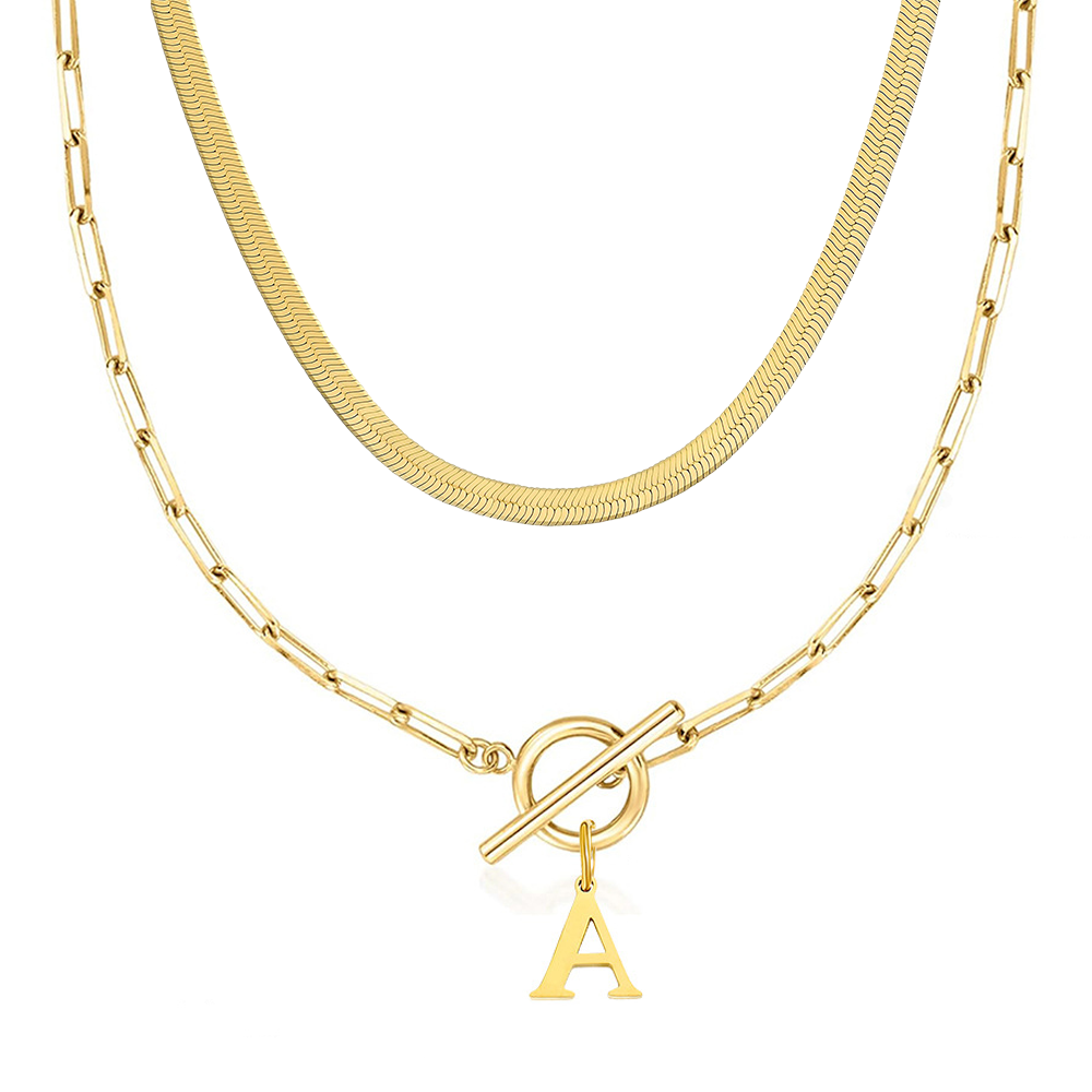 2pc paperclip initial toggle clasp & herringbone necklace set
