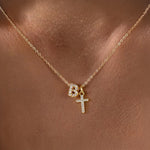 Load image into Gallery viewer, Dainty Diamond Initial &amp; Cross Necklace
