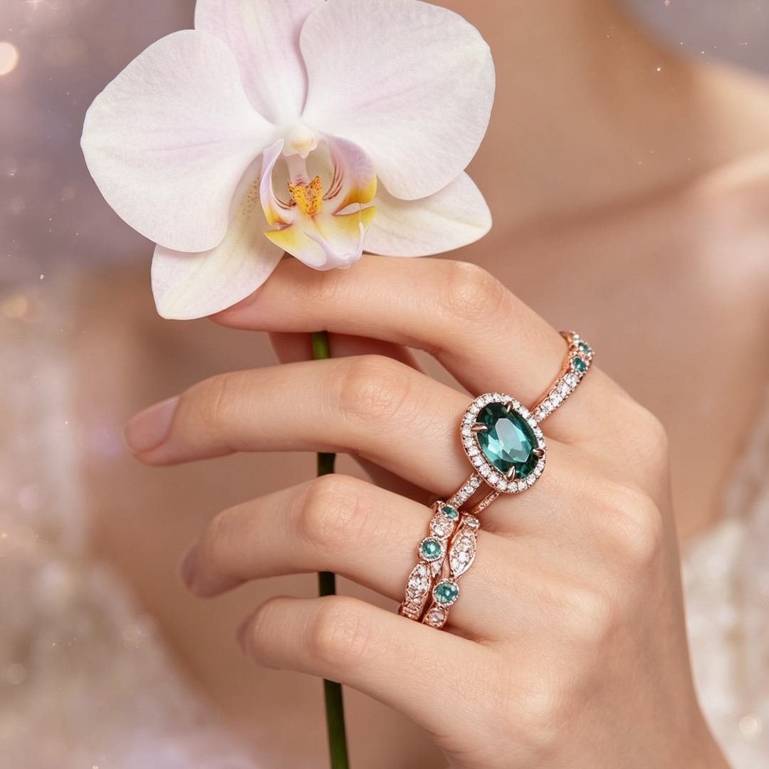 Zirconia Ring Set with Oval Green Halo Stone in Rose Gold
