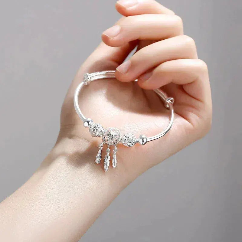 Dainty dreamcatcher bangle bracelet in silver