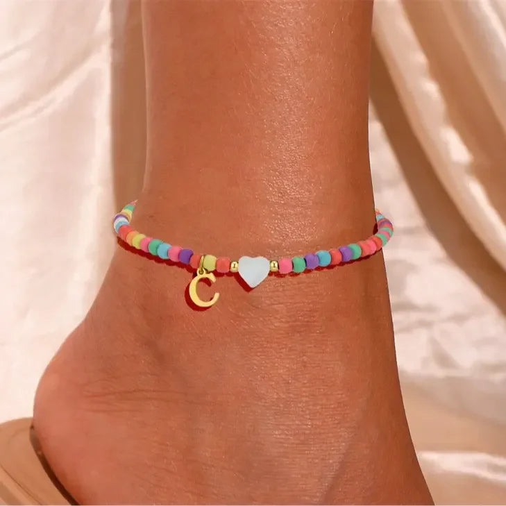Colorful Pearl Heart Initial Anklet