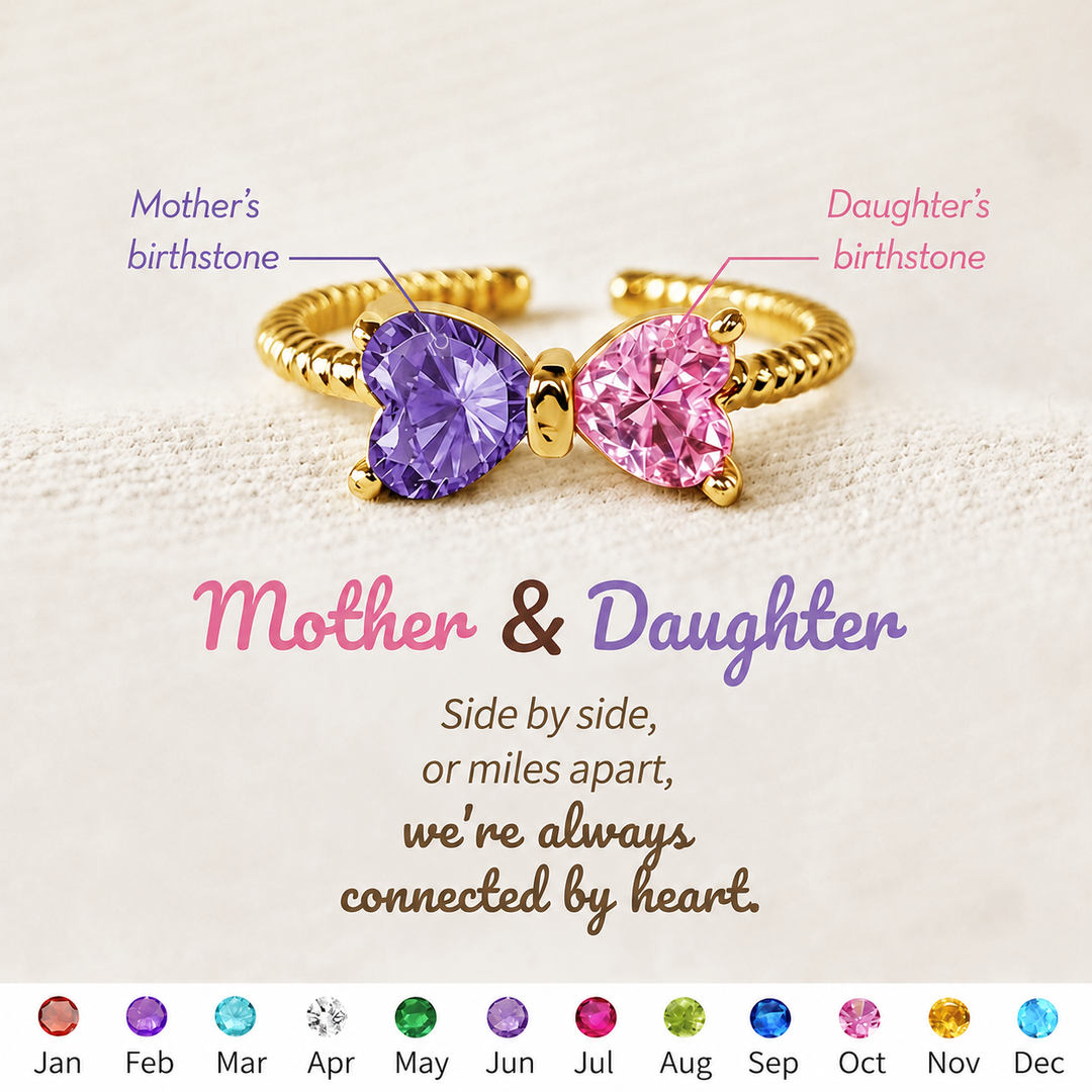 Double Birthstones Ring With Bow & Twisted Rope Band In Gold