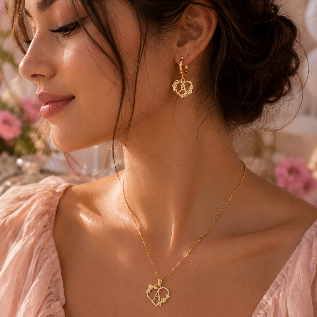 Minimal Floral Heart Initial Necklace & Hoop Earrings Set
