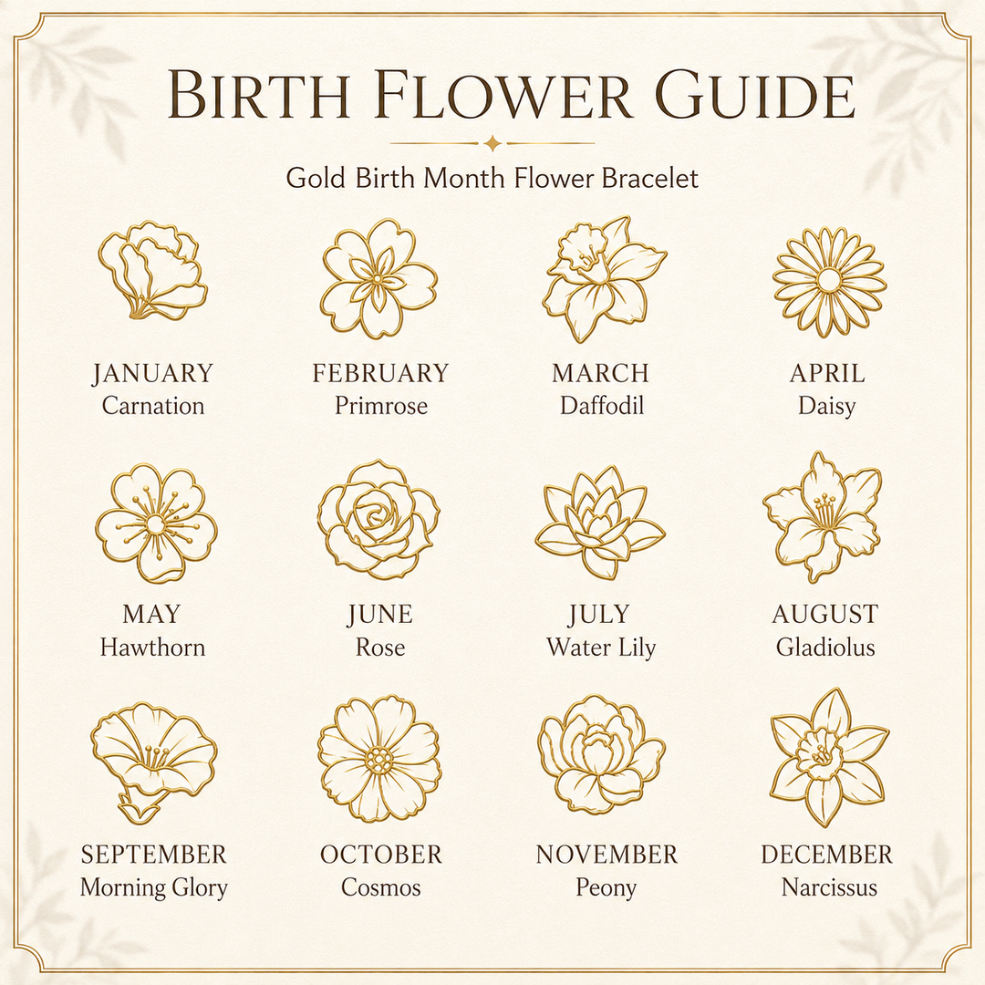 Gold Birth Month Flower Bracelet with Adjustable Leather Cord