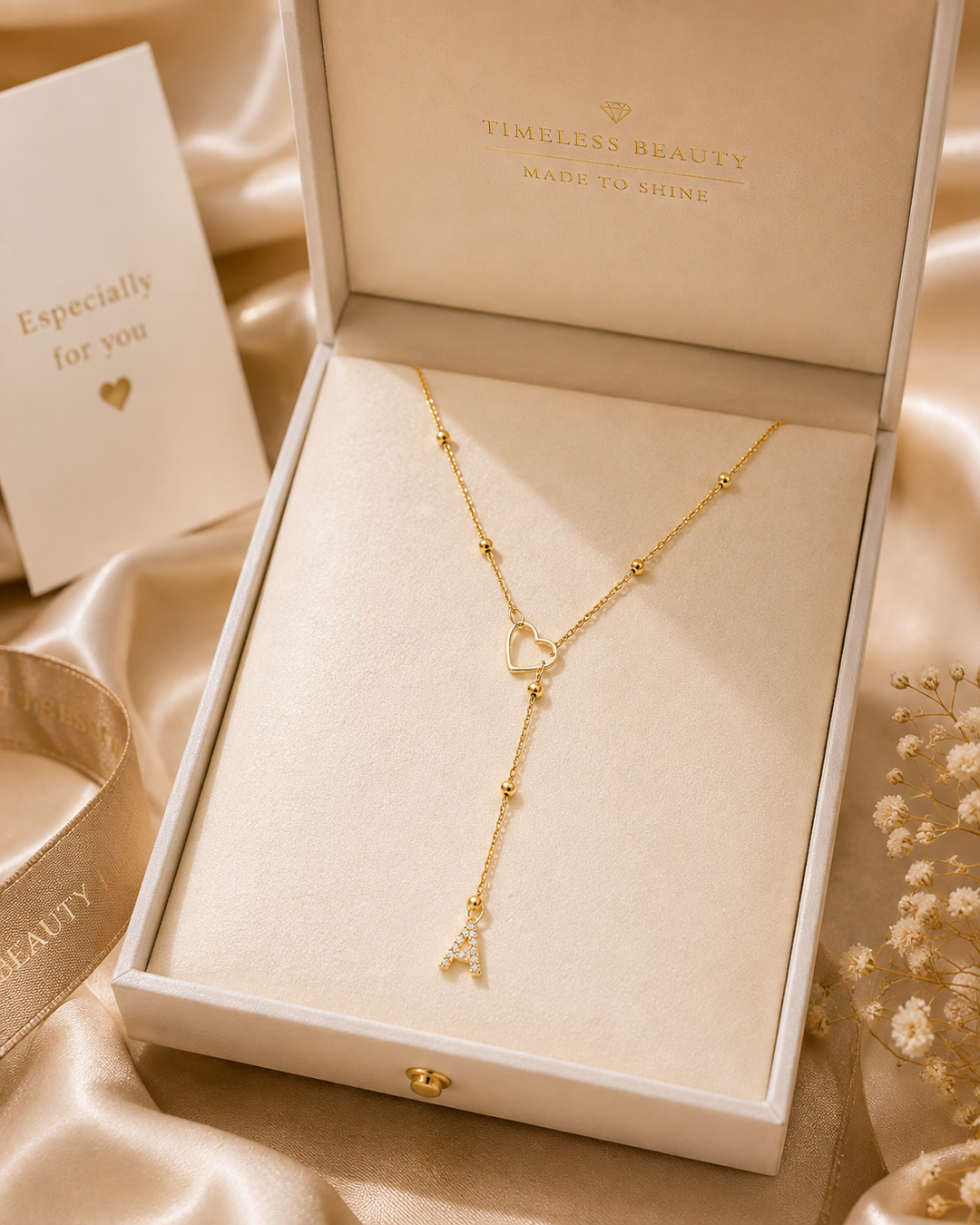 Dainty Diamond Letter Initial Lariat Necklace gold Y-necklace with heart connector and dangling A charm in an open cream jewelry box.