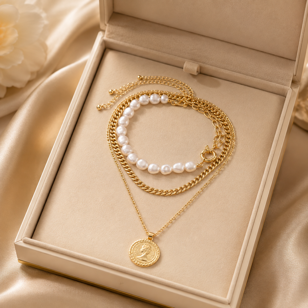Pearl and Vintage Pendant Chain 3 Piece Pendant and Pearl Necklace Set