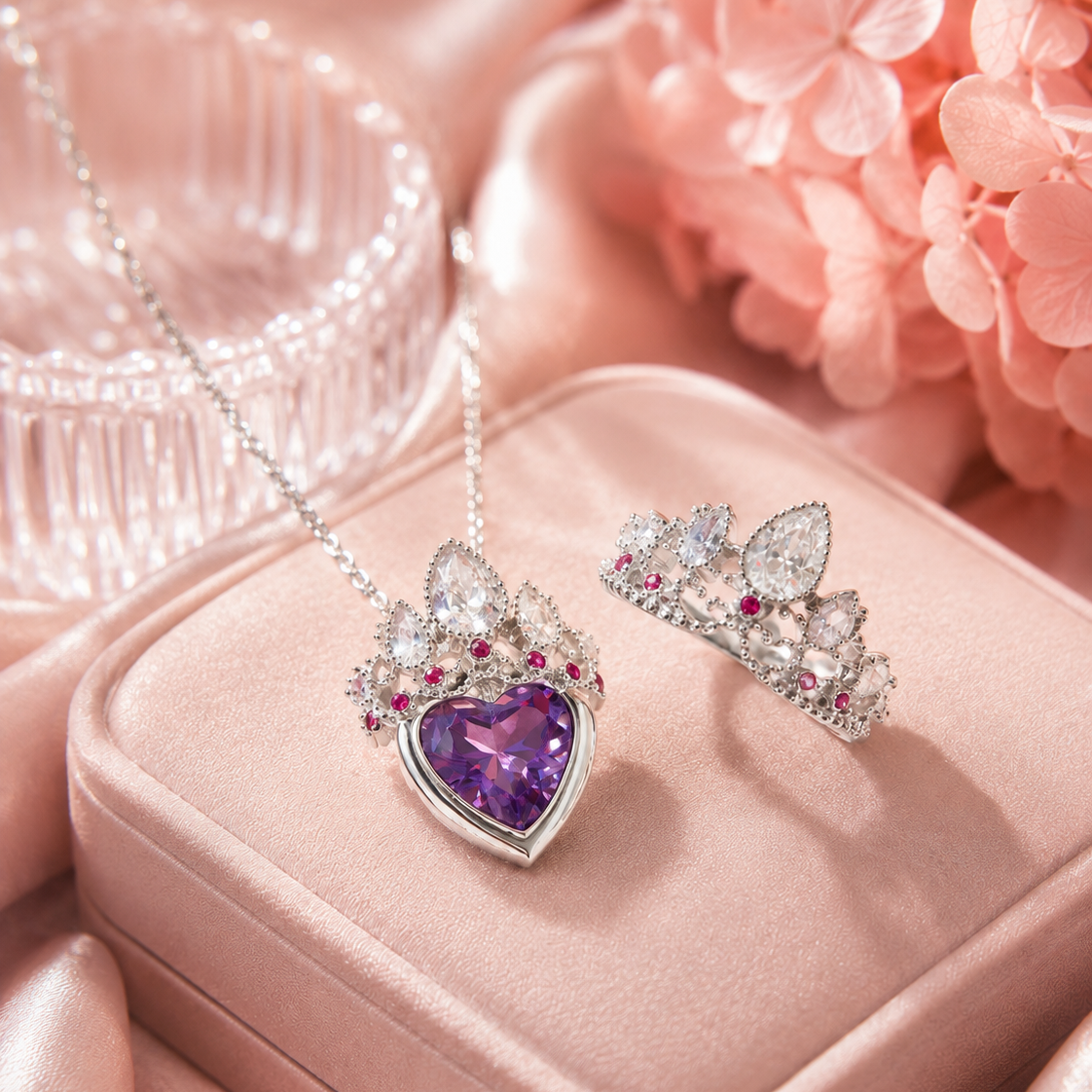 Rapunzel Crown Inspired Necklaces and Rings silver-toned jewelry set with a heart-shaped purple gemstone pendant and matching stud earrings on pink satin.