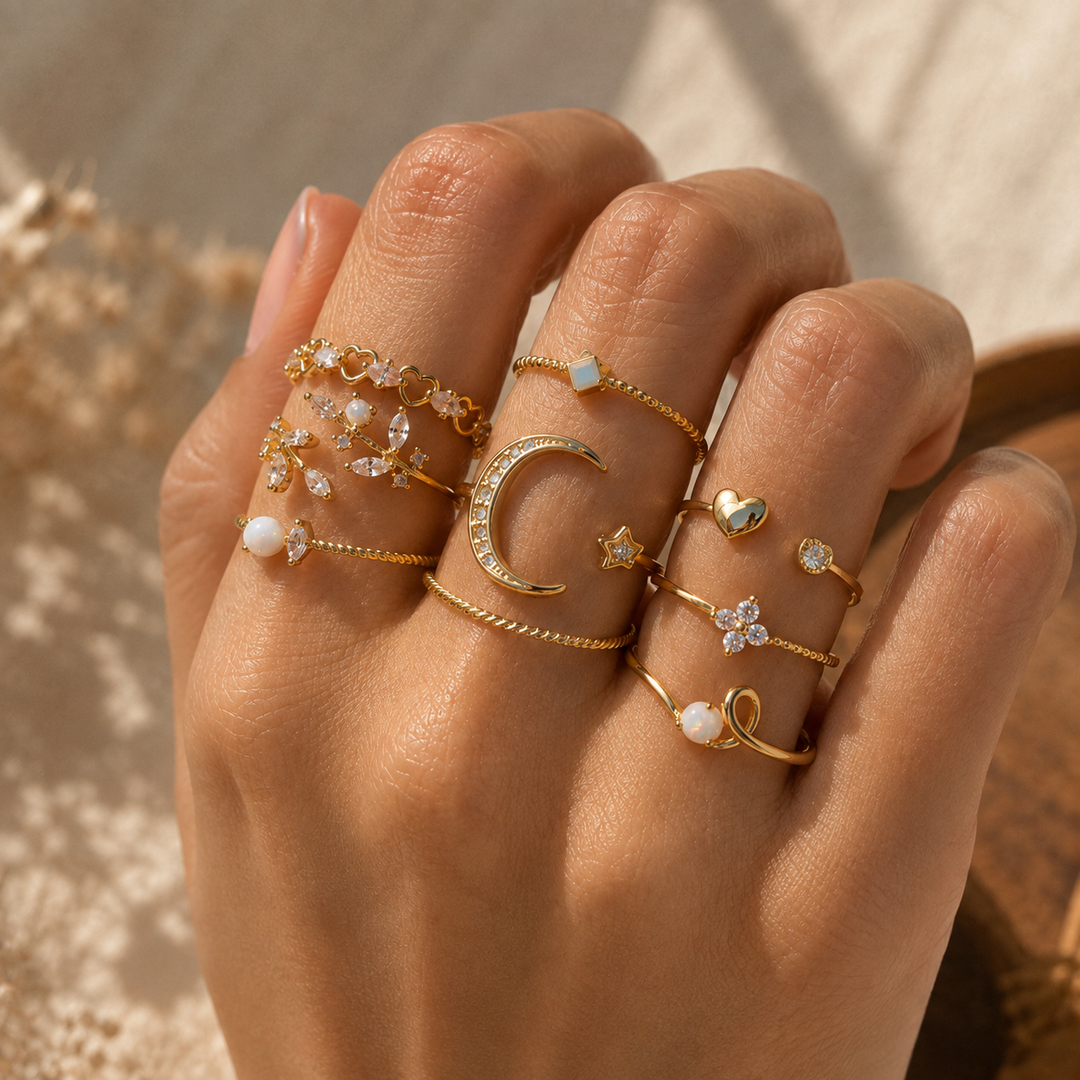 Moon and Star 10 Piece Fashion Ring Set