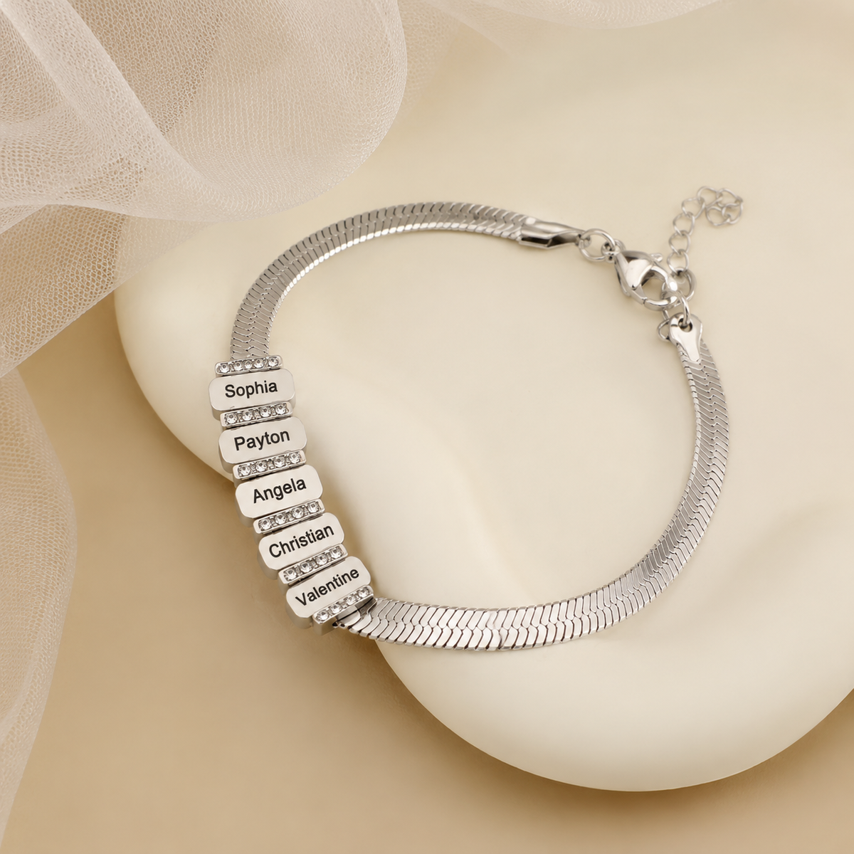 Personalized family name herringbone chain bracelet