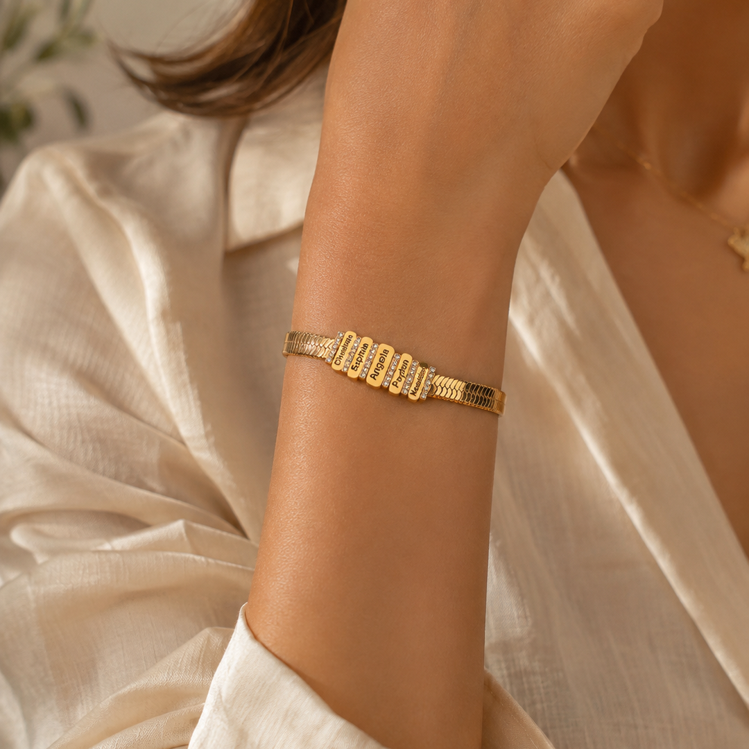 Personalized Family Name Herringbone Gold Bracelet