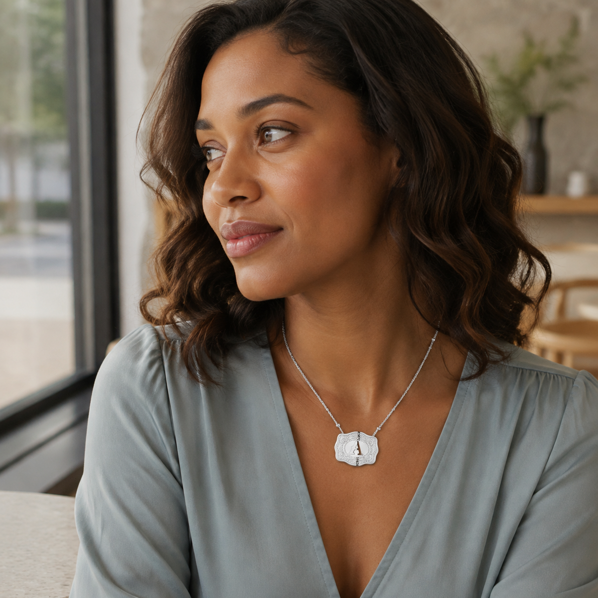 Dainty belt buckle letter initial necklaces woman with wavy brown hair wearing a silver necklace with a textured white pendant indoors