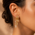 Load image into Gallery viewer, Stackable 14k Gold Triple Huggie &amp; Pearl Ear Cuff Set
