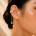 Load image into Gallery viewer, Stackable 14k Gold Triple Huggie &amp; Pearl Ear Cuff Set

