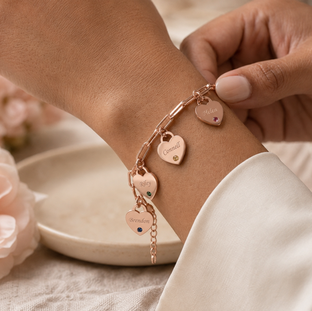 Dainty Name & Birthstone Heart Charm Paperclip Bracelet