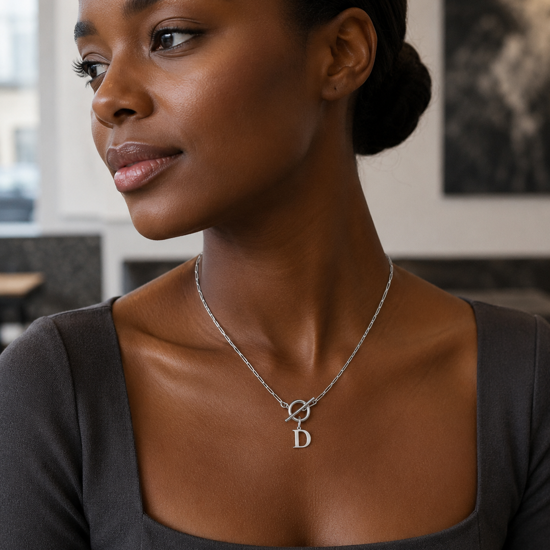 Paperclip letter initial circle lock clasp necklace