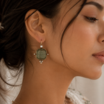 Load image into Gallery viewer, Classic Green Pearl Vintage Earrings woman wearing a geometric drop earring with a muted sage green center and silver-toned metal.
