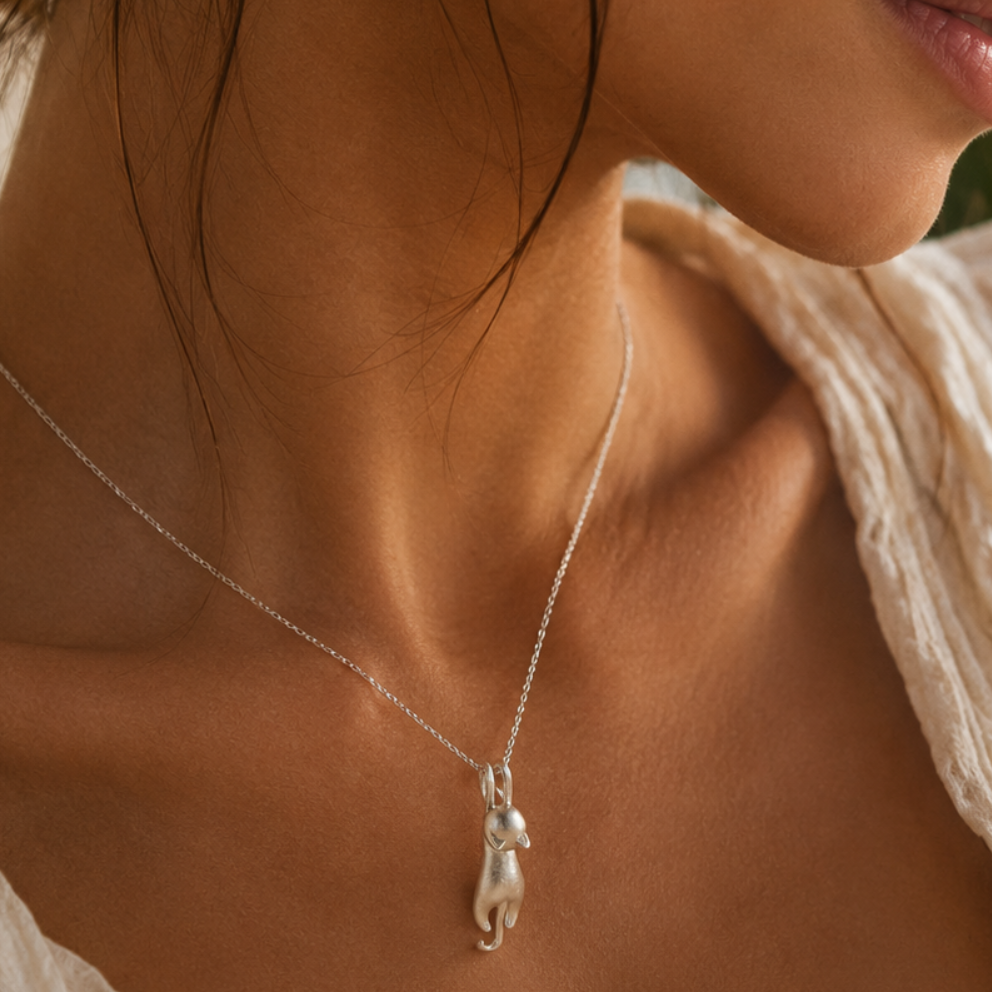 Elegant Cat Pendant Necklace in Sterling Silver