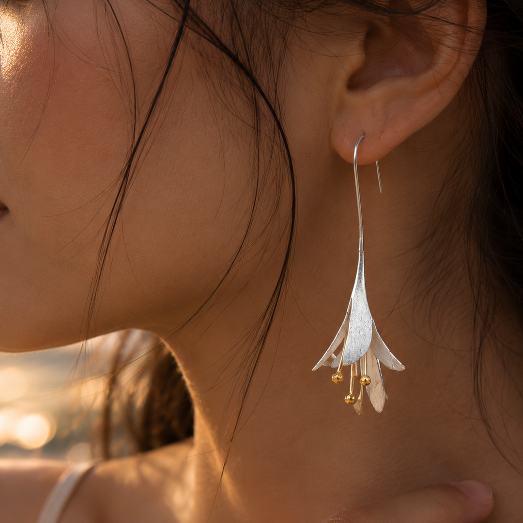 Sparkling Flower Drop Earrings in Silver