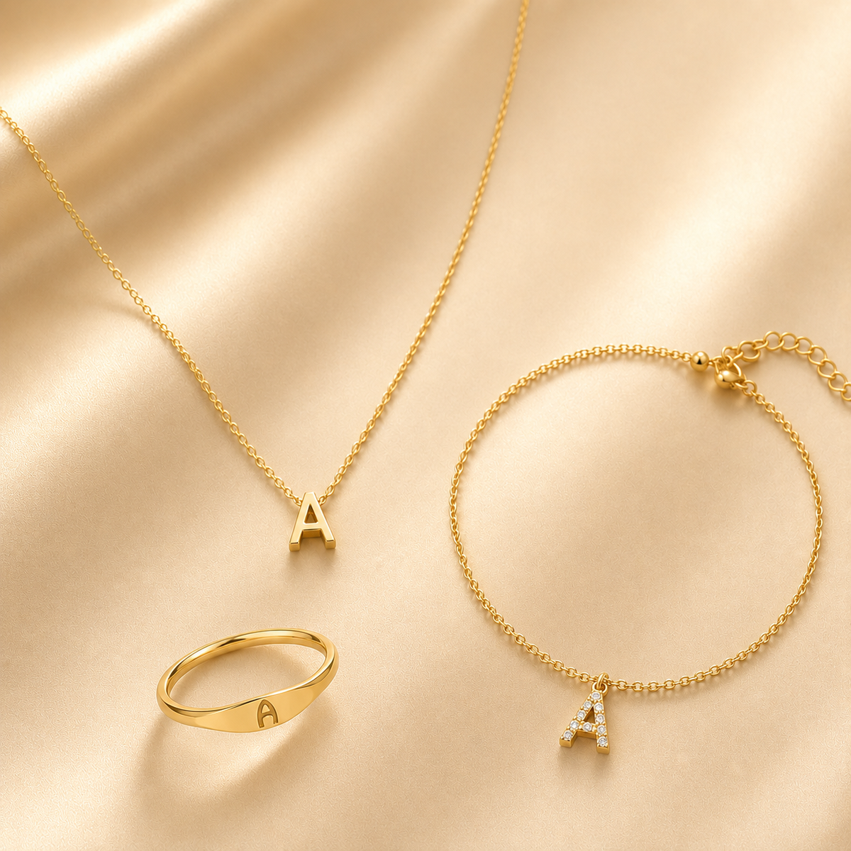 Dainty initial necklace, bracelet & ring   3 piece waterproof jewelry stack