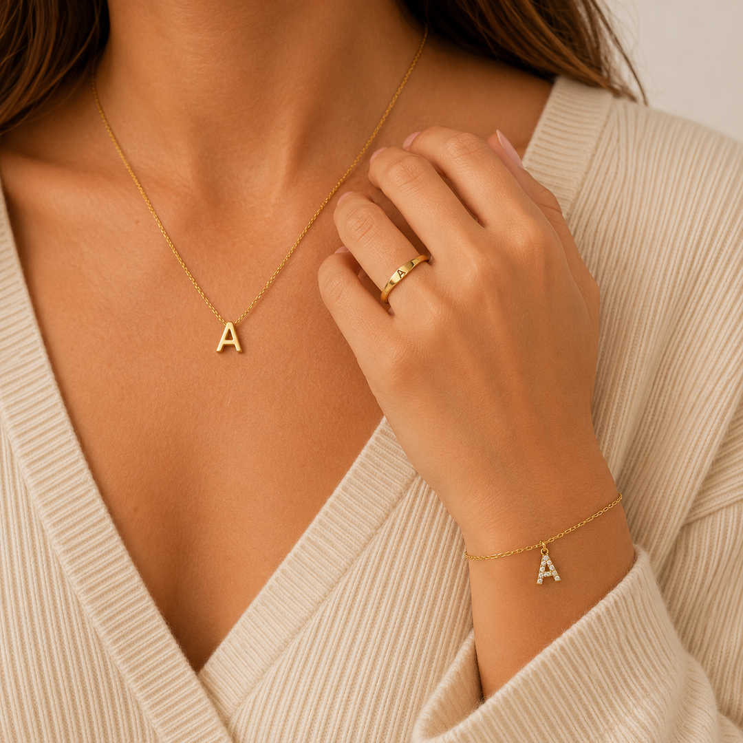 Dainty Initial Necklace, Bracelet & Ring - 3 Piece Waterproof Jewelry Stack
