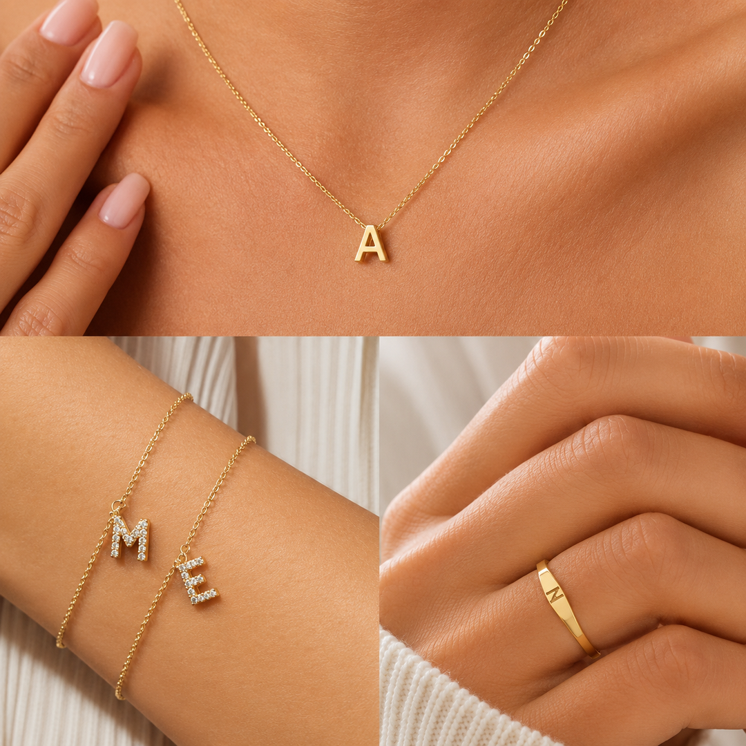 Dainty Initial Necklace, Bracelet & Ring - 3 Piece Waterproof Jewelry Stack