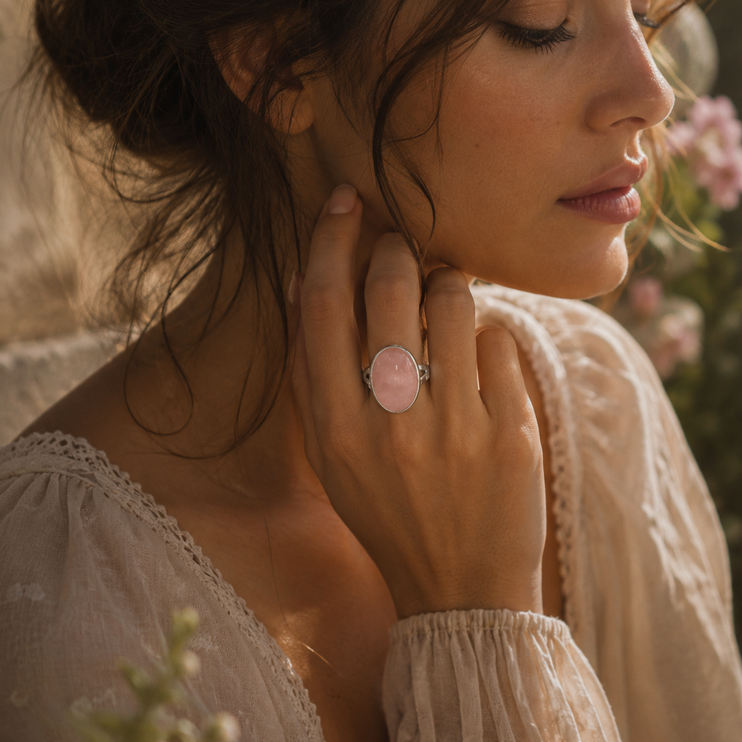 Bold Rose Quartz Vintage Ring in Sterling Silver