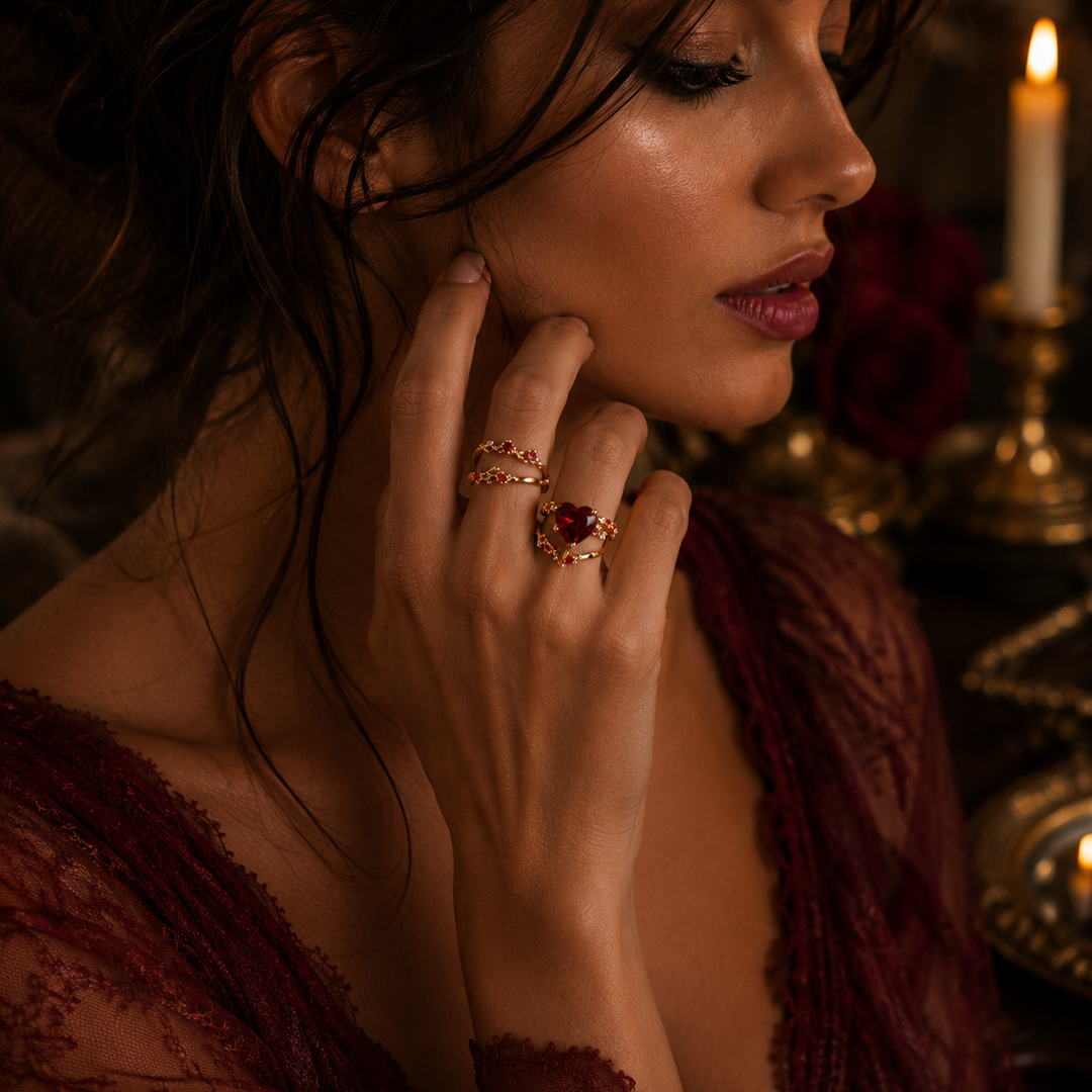 Elegant Ruby Heart Ring Set